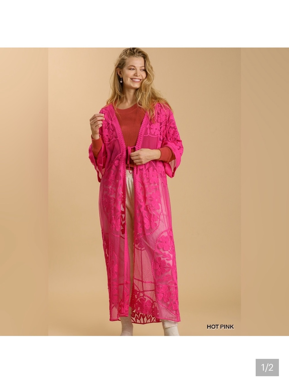 Umgee Hot Pink Lace Long Kimono Robe
